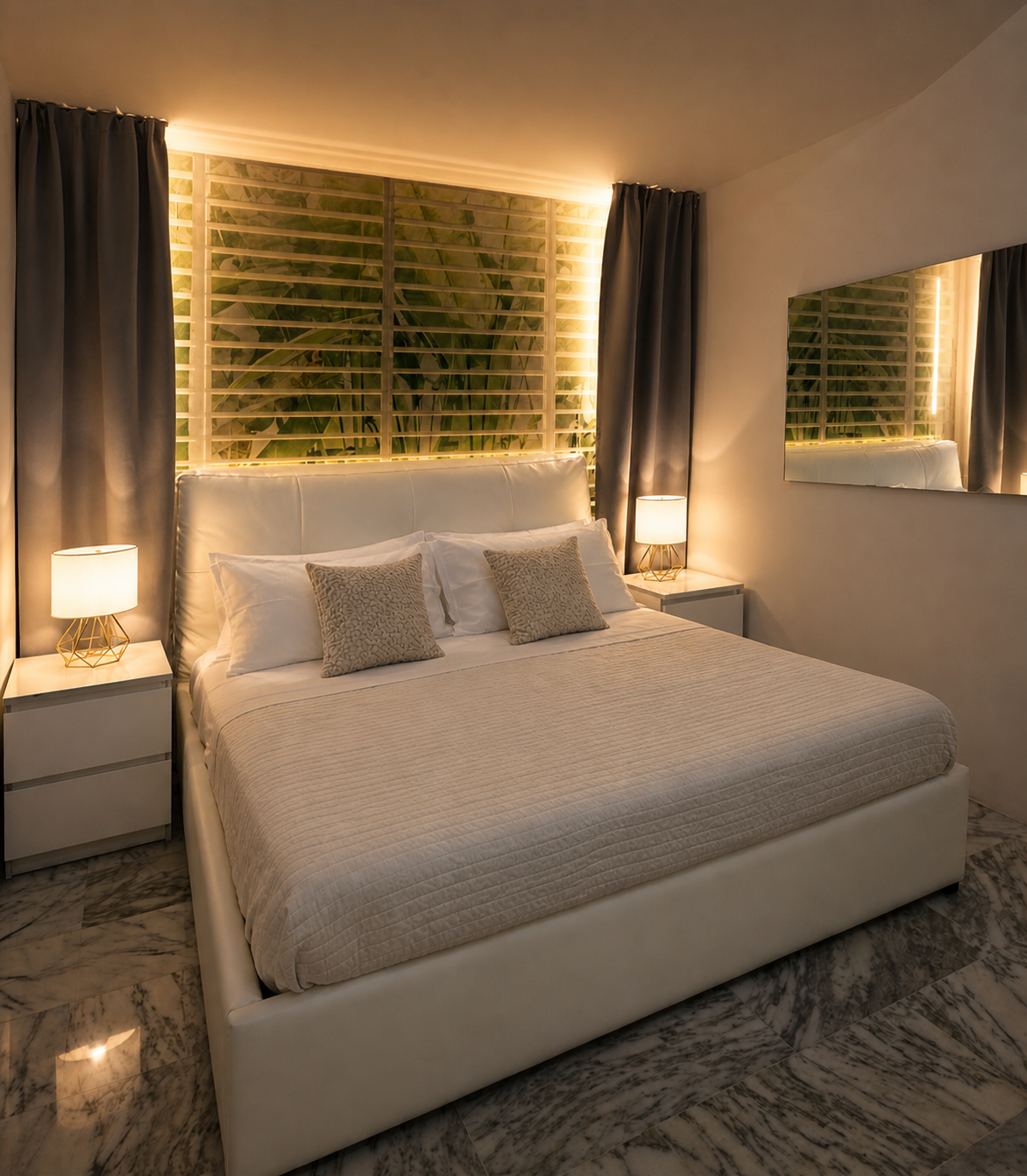 Master bedroom with double bed, chandelier and quiet private atmosphere